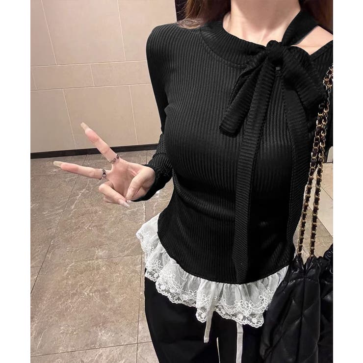 ブラック | リボンネックニット 裾レースカットソー秋 | Miniministore