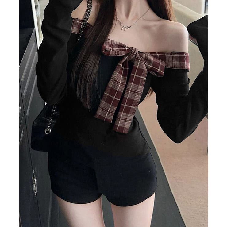 ブラック | オフショルダー長袖Tシャツチェックリボン | Miniministore