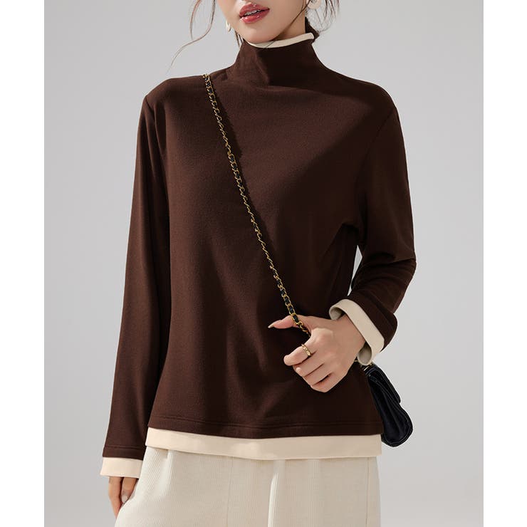 ブラウン | ハイネックトップス レイヤード風 長袖T | Miniministore