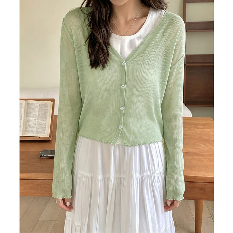 グリーン | レディース 涼感クロップド丈カーディガン 透け感 | SUNSHINE CLOSET