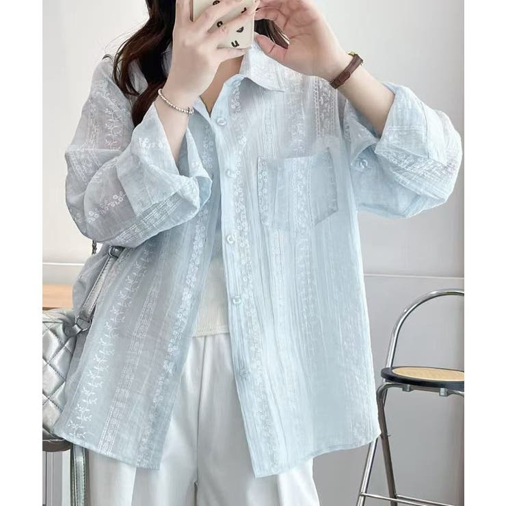 ライトブルー | 韓国風シアーシャツレース柄ブラウス春夏服 | Miniministore