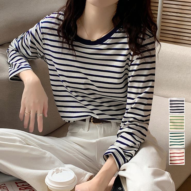 ボーダー柄tシャツ 長袖カットソー 春秋[品番：II000011017