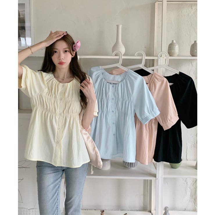 半袖シャツブラウス シャーリングトップス | Miniministore | 詳細画像2 