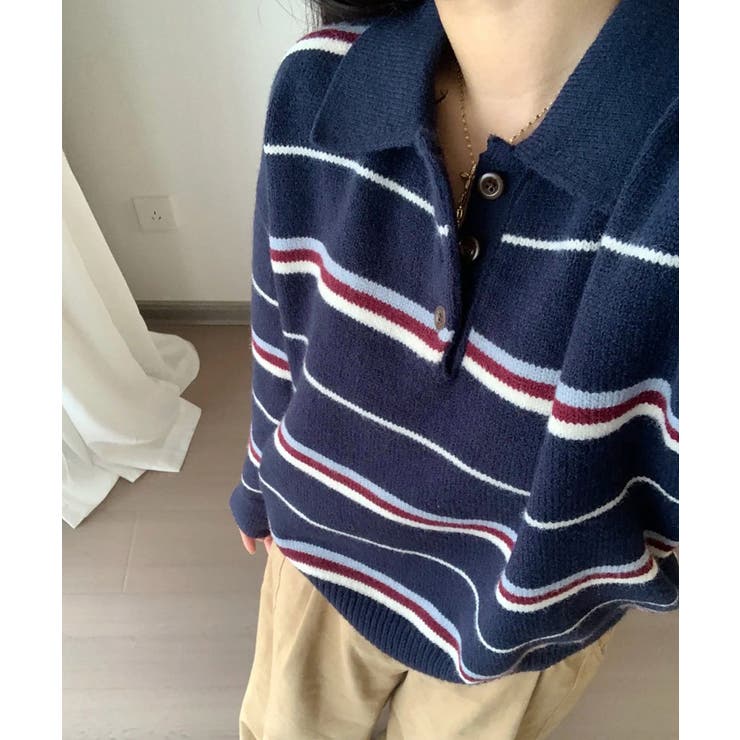 配色ボーダーポロカラーニットプルオーバー | Miniministore | 詳細画像7 