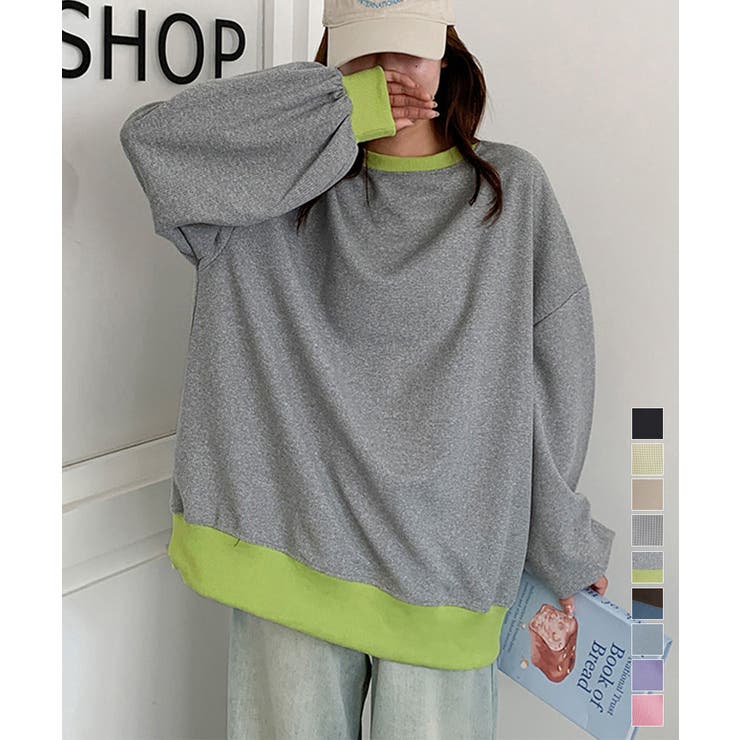 ワッフルオーバーサイズ配色プルオーバー秋 | Miniministore | 詳細画像1 