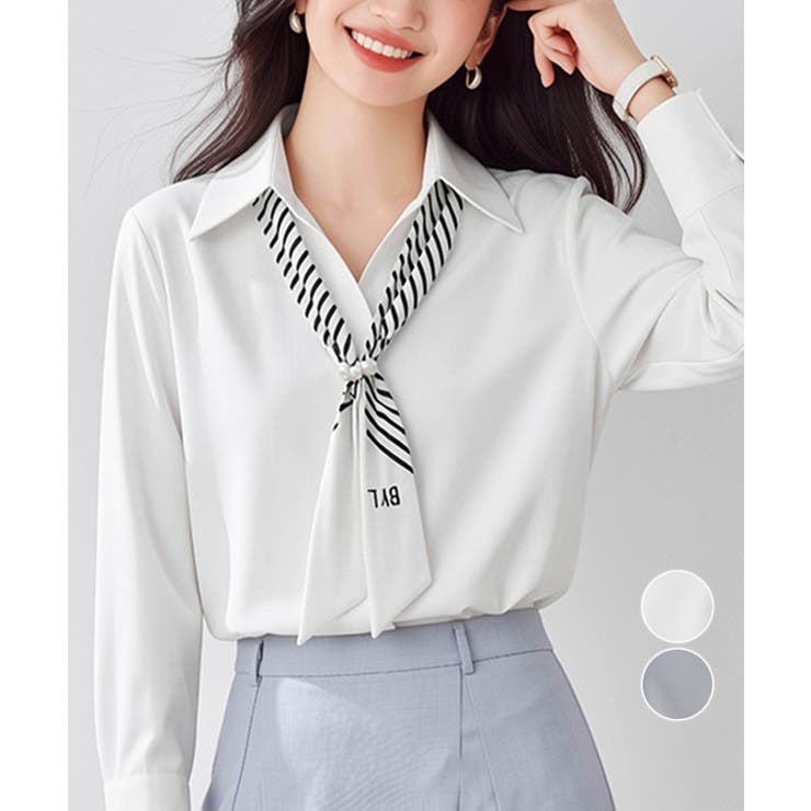 パール付きスカーフタイシャツブラウス上品 | Miniministore | 詳細画像1 