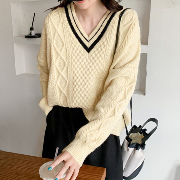 ライン入りケーブルニットトップス 韓国風 | Miniministore | 詳細画像7 