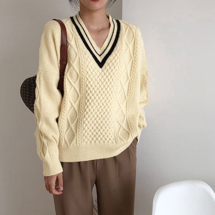 ライン入りケーブルニットトップス 韓国風 | Miniministore | 詳細画像8 