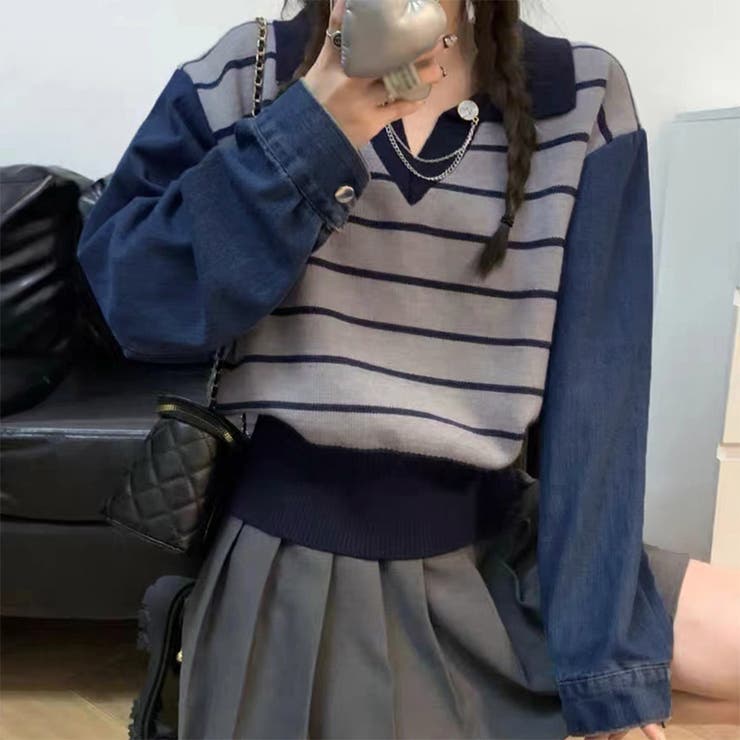 ポロカラーニットセーター ボーダー 秋冬 | Miniministore | 詳細画像10 