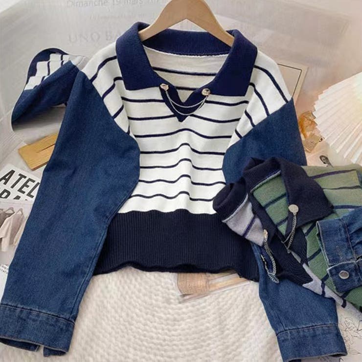 ポロカラーニットセーター ボーダー 秋冬 | Miniministore | 詳細画像14 