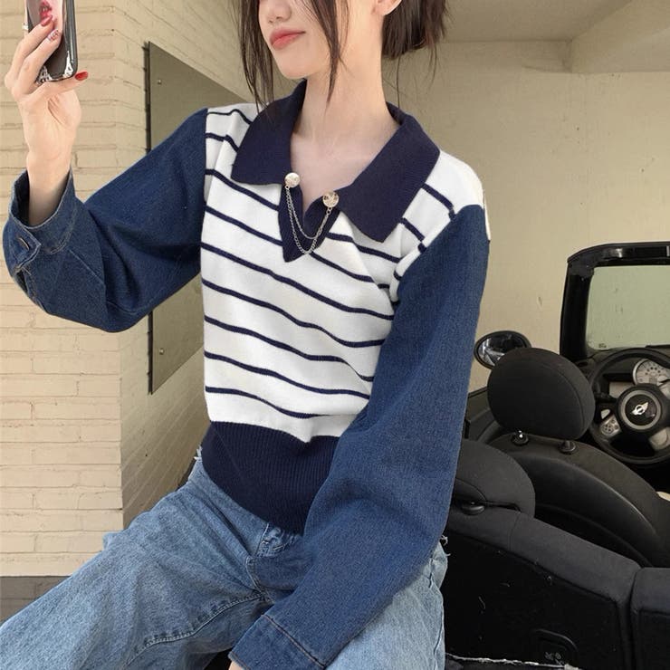 ポロカラーニットセーター ボーダー 秋冬 | Miniministore | 詳細画像8 