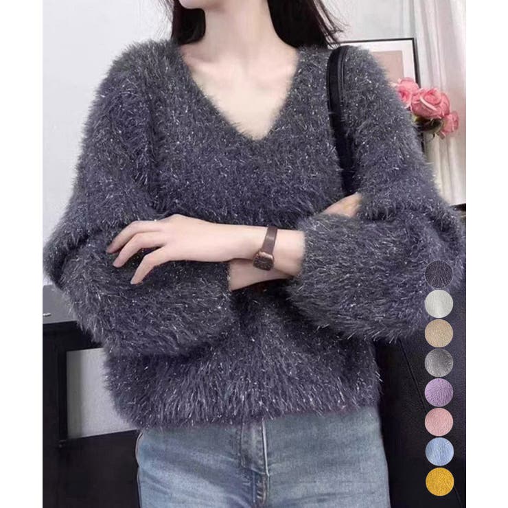 ラメシャギーニットトップス Vネック秋冬 | Miniministore | 詳細画像1 