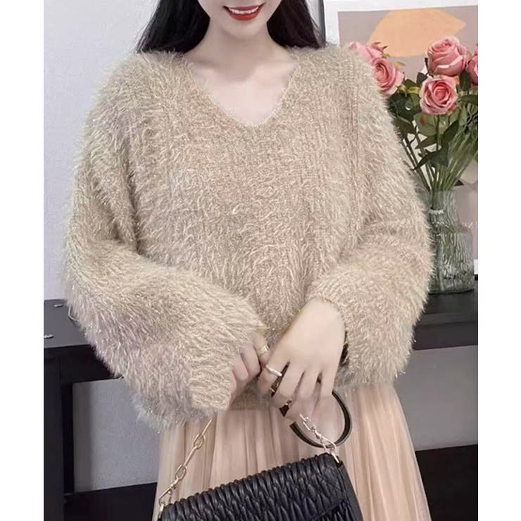 ラメシャギーニットトップス Vネック秋冬[品番：II000011879