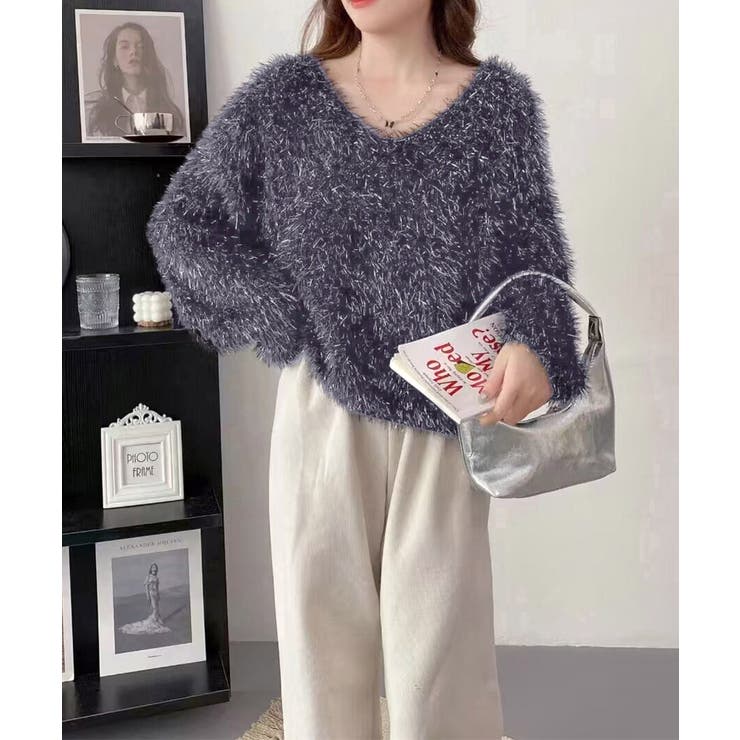 ラメシャギーニットトップス Vネック秋冬[品番：II000011879