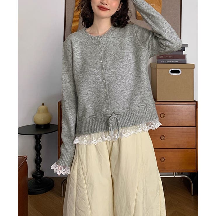 レース切り替えニットカーディガン長袖秋冬 | Miniministore | 詳細画像3