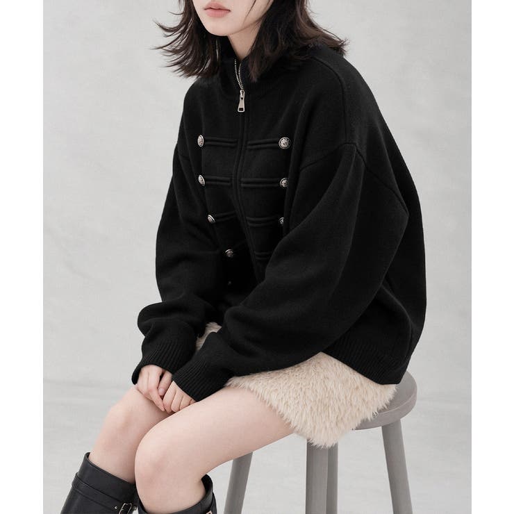 ダブルジップニットカーディガン長袖ニットアウターメタルボタン ゆったり無地トップ… | SUNSHINE CLOSET | 詳細画像1 
