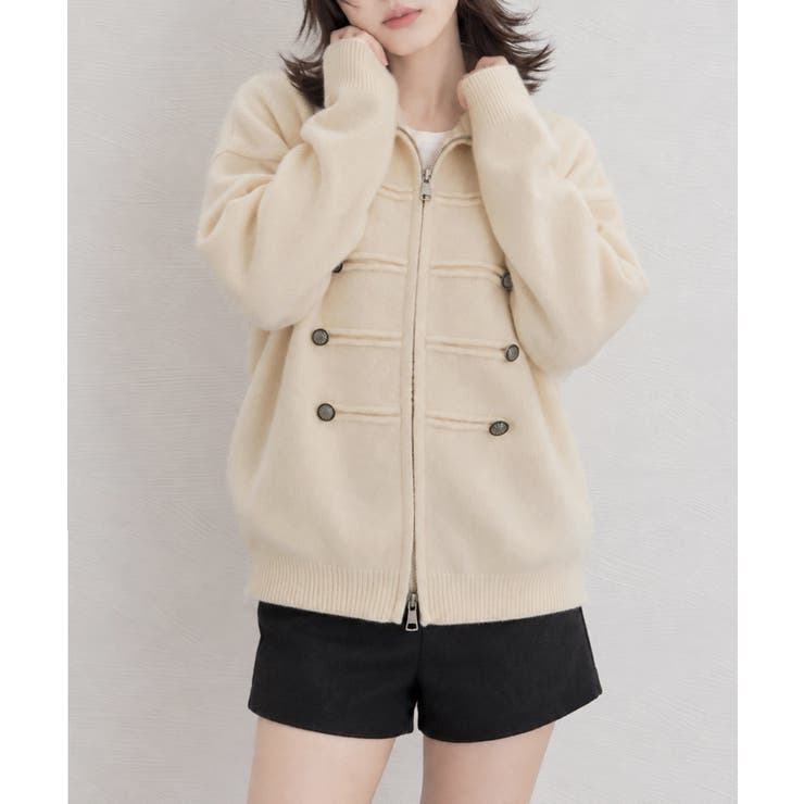ダブルジップニットカーディガン長袖ニットアウターメタルボタン ゆったり無地トップ… | SUNSHINE CLOSET | 詳細画像13 