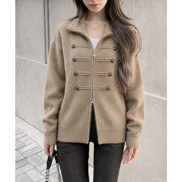 ダブルジップニットカーディガン長袖ニットアウターメタルボタン ゆったり無地トップ… | SUNSHINE CLOSET | 詳細画像16 