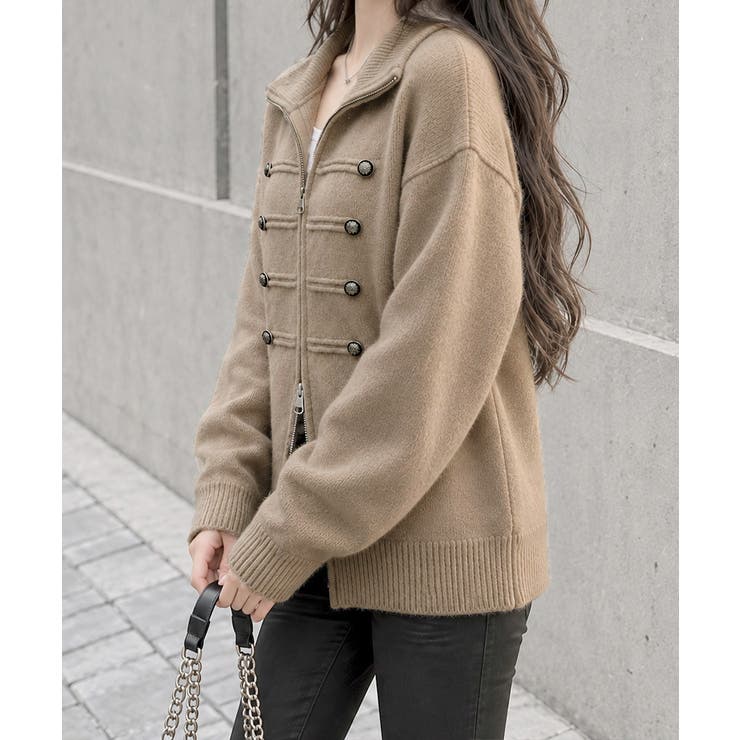 ダブルジップニットカーディガン長袖ニットアウターメタルボタン ゆったり無地トップ… | SUNSHINE CLOSET | 詳細画像17 