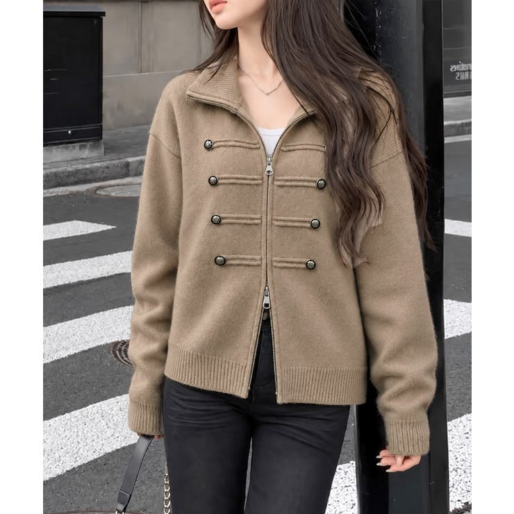 ダブルジップニットカーディガン長袖ニットアウターメタルボタン ゆったり無地トップ… | SUNSHINE CLOSET | 詳細画像18 