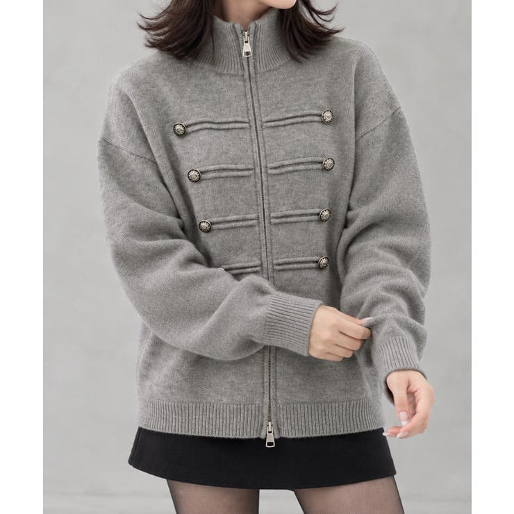 ダブルジップニットカーディガン長袖ニットアウターメタルボタン ゆったり無地トップ… | SUNSHINE CLOSET | 詳細画像2 