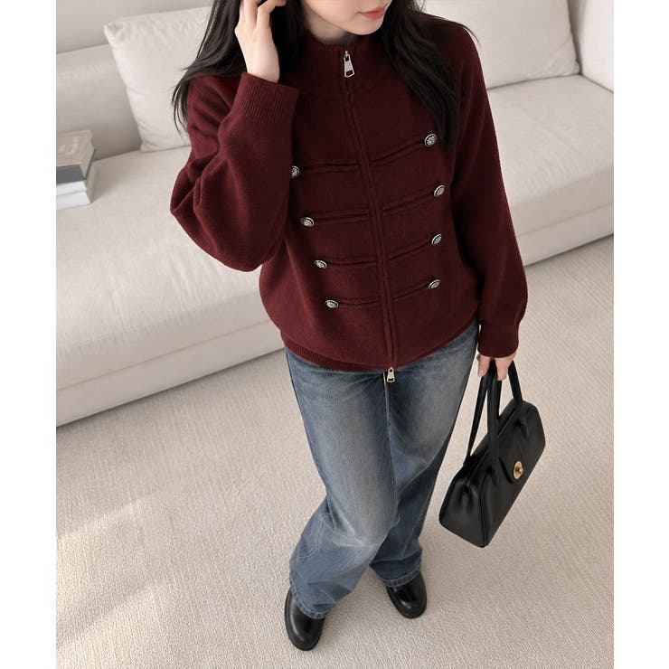 ダブルジップニットカーディガン長袖ニットアウターメタルボタン ゆったり無地トップ… | SUNSHINE CLOSET | 詳細画像25 