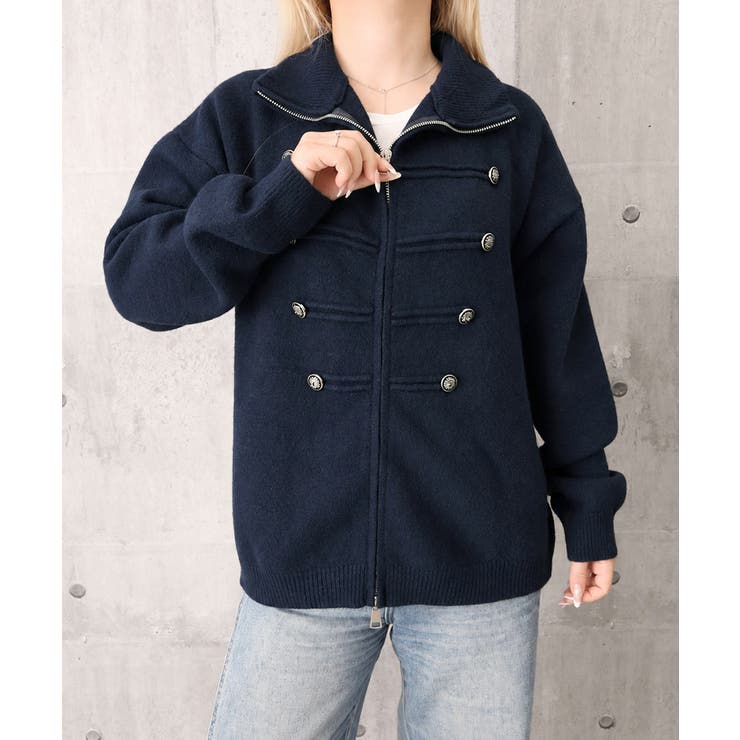 ダブルジップニットカーディガン長袖ニットアウターメタルボタン ゆったり無地トップ… | SUNSHINE CLOSET | 詳細画像33 