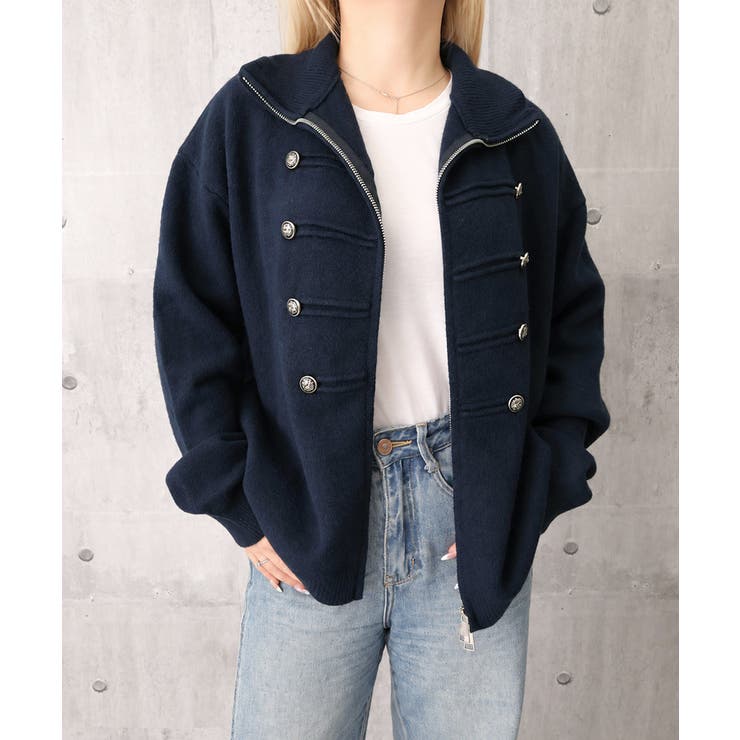 ダブルジップニットカーディガン長袖ニットアウターメタルボタン ゆったり無地トップ… | SUNSHINE CLOSET | 詳細画像34 