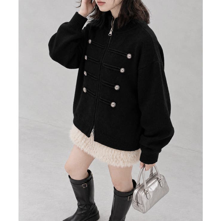 ダブルジップニットカーディガン長袖ニットアウターメタルボタン ゆったり無地トップ… | SUNSHINE CLOSET | 詳細画像8 