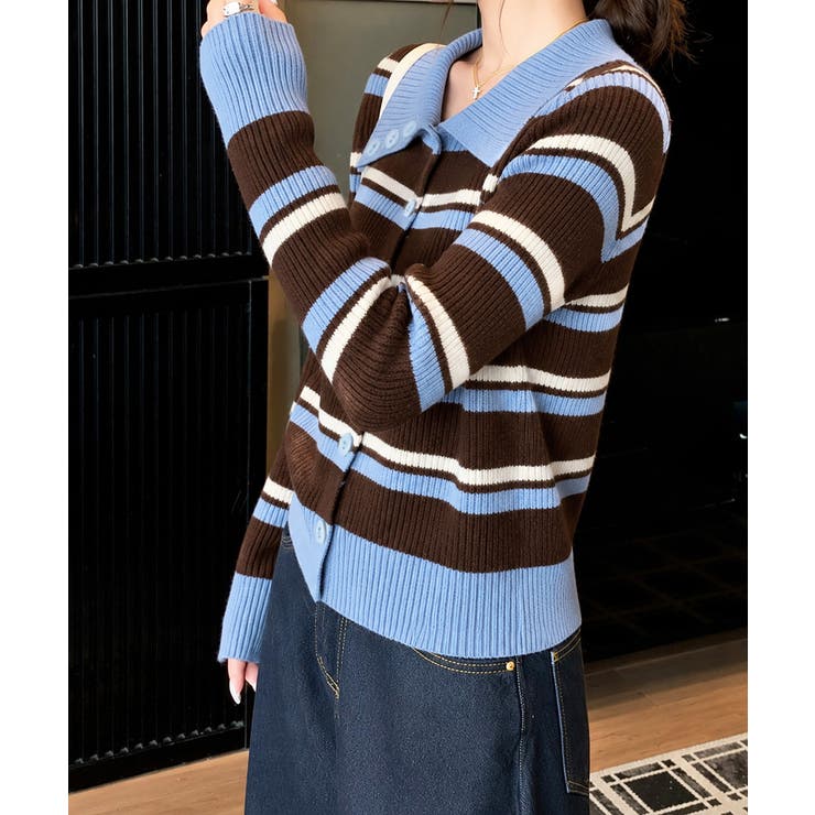 レトロボーダーニットレディース韓国風長袖羽織りリブニットライトアウターカジュアル… | SUNSHINE CLOSET | 詳細画像3 