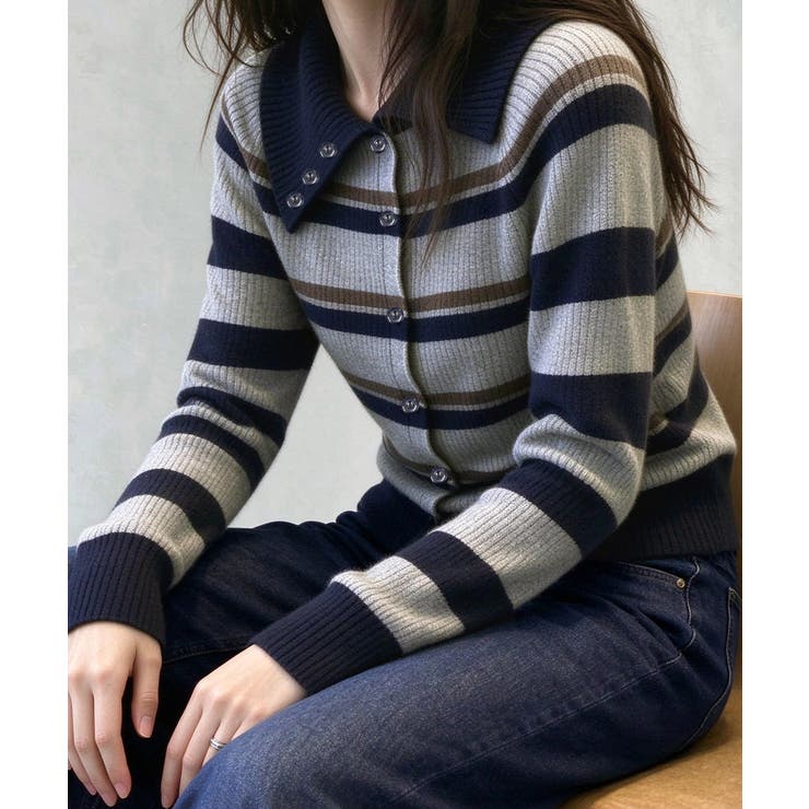 レトロボーダーニットレディース韓国風長袖羽織りリブニットライトアウターカジュアル… | SUNSHINE CLOSET | 詳細画像8 