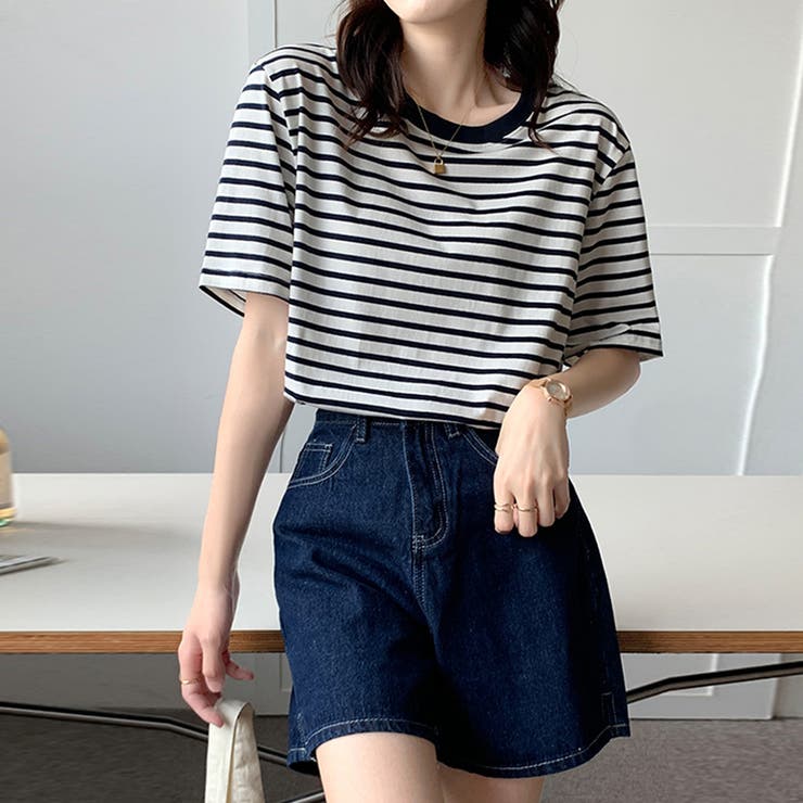 カラーボーダー Tシャツ レディース半袖[品番:II000008861 カラーボーダー Tシャツ レディース半袖[品番:II000008861