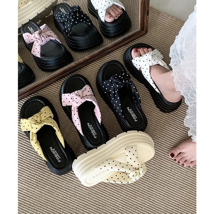 ドット柄リボン厚底サンダルレディース美脚 | Miniministore | 詳細画像1 