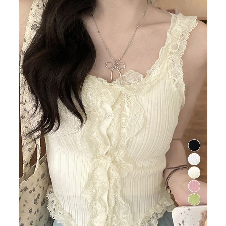 レースフリル ニットタンクトップ 韓国風 | Miniministore | 詳細画像1 