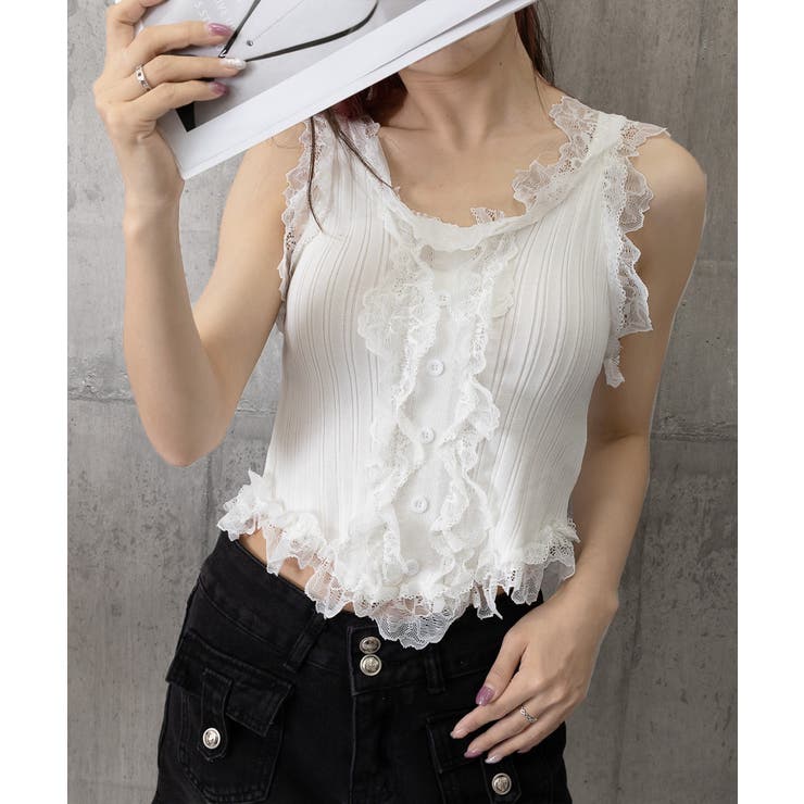 レースフリル ニットタンクトップ 韓国風 | Miniministore | 詳細画像15 