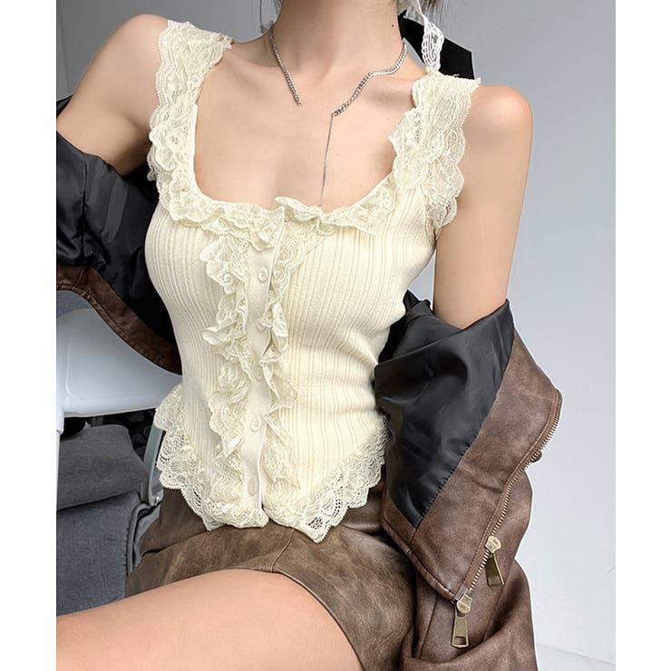 レースフリル ニットタンクトップ 韓国風 | Miniministore | 詳細画像3 