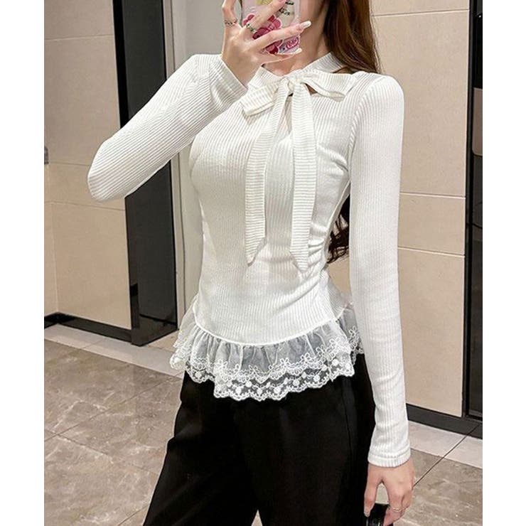 リボンネックニット 裾レースカットソー秋 | Miniministore | 詳細画像7 