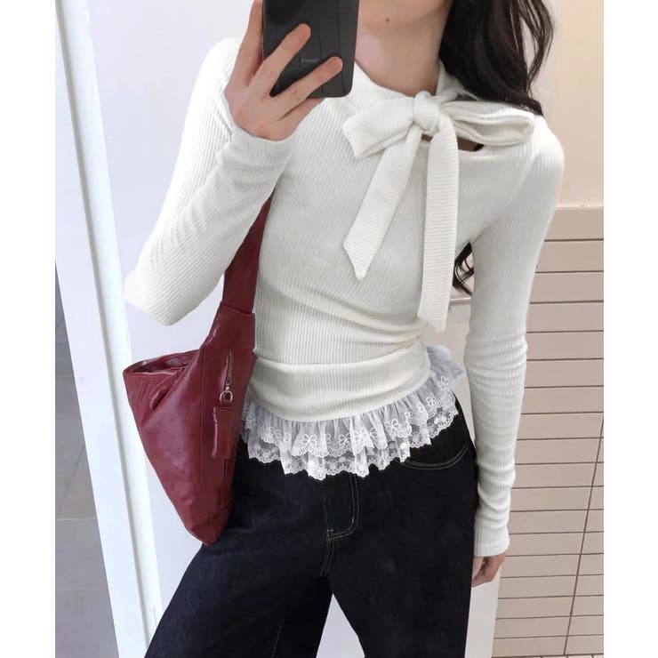 リボンネックニット 裾レースカットソー秋 | Miniministore | 詳細画像9 