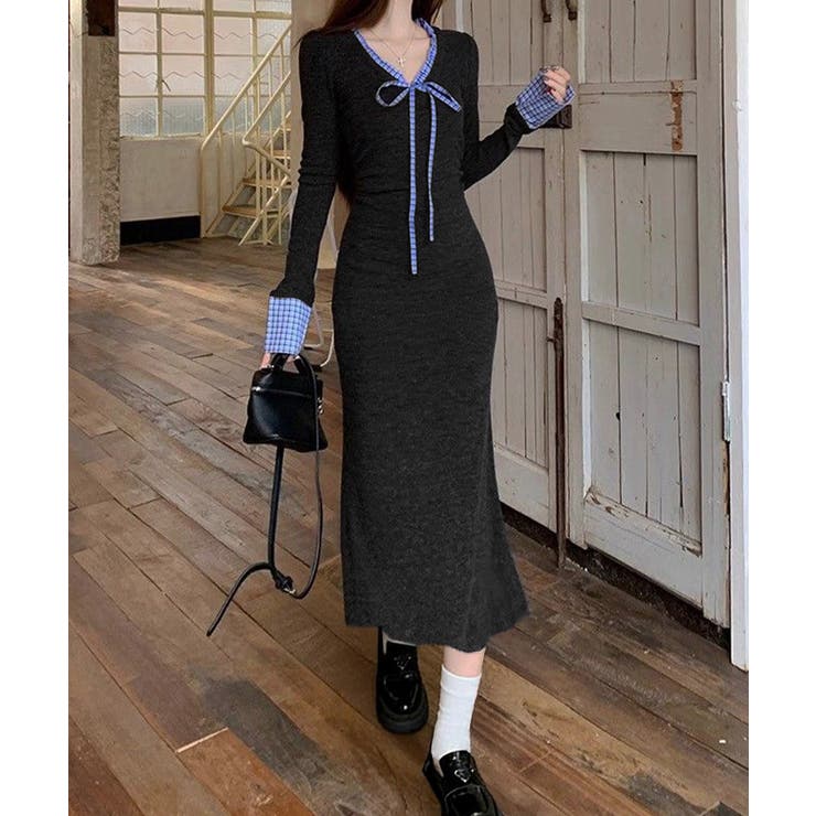 配色リボンニットマーメイドワンピース長袖 | Miniministore | 詳細画像1 