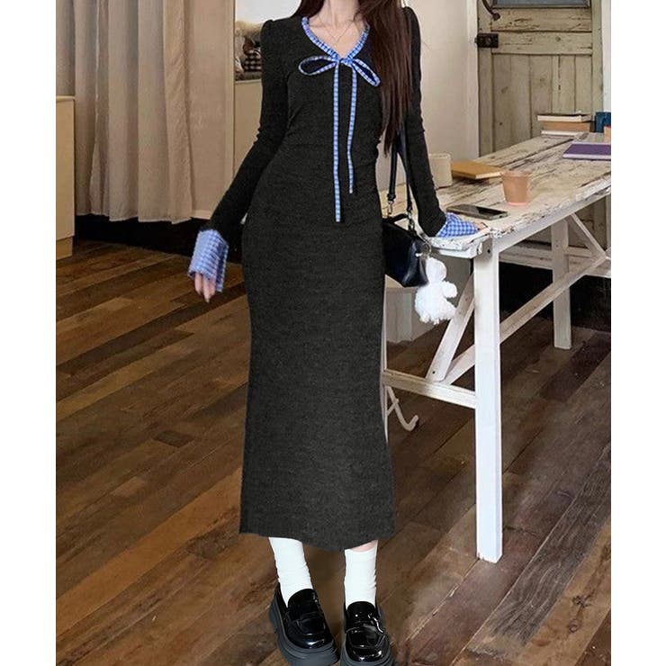 配色リボンニットマーメイドワンピース長袖 | Miniministore | 詳細画像3 