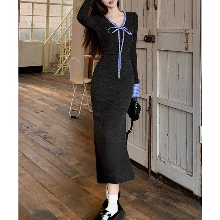 配色リボンニットマーメイドワンピース長袖 | Miniministore | 詳細画像7 