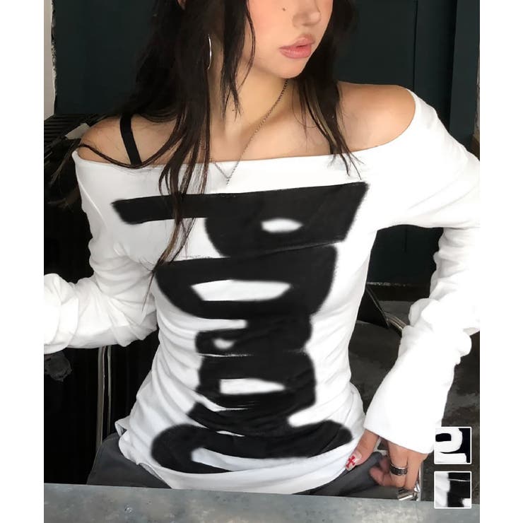 英字ロゴTシャツ オフショルダートップス | Miniministore | 詳細画像1 