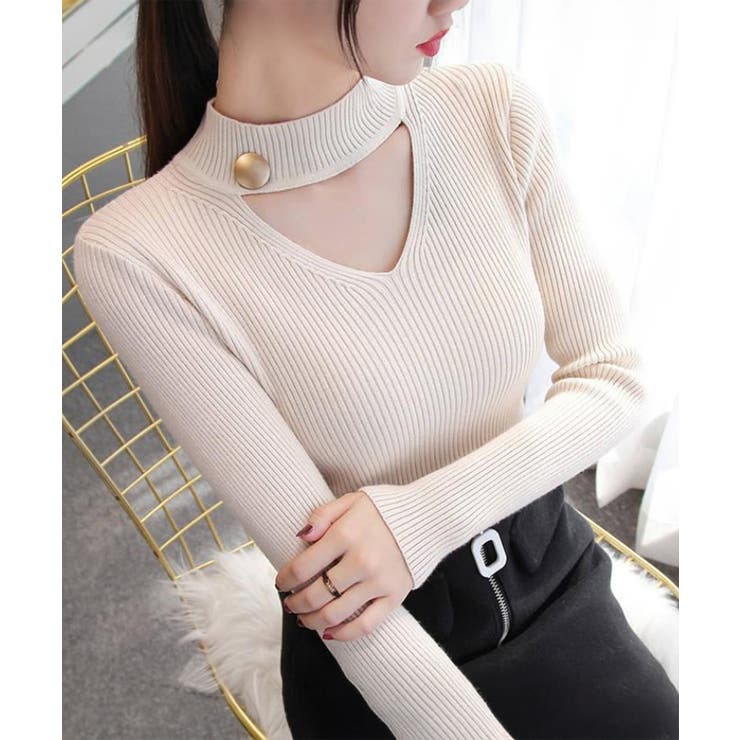 ベージュ | チョーカー風ニット 着やせ トップス | Miniministore