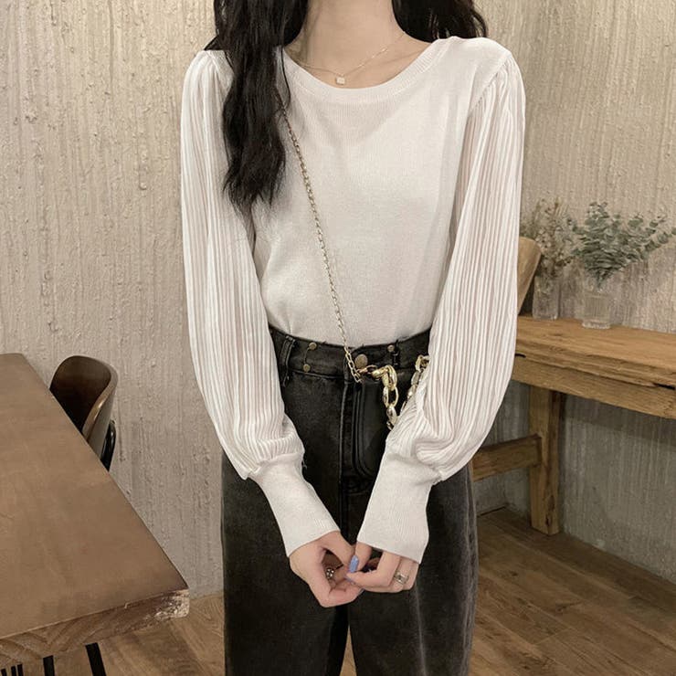 ホワイト | ニットブラウス 異素材 韓国風トップス | Miniministore