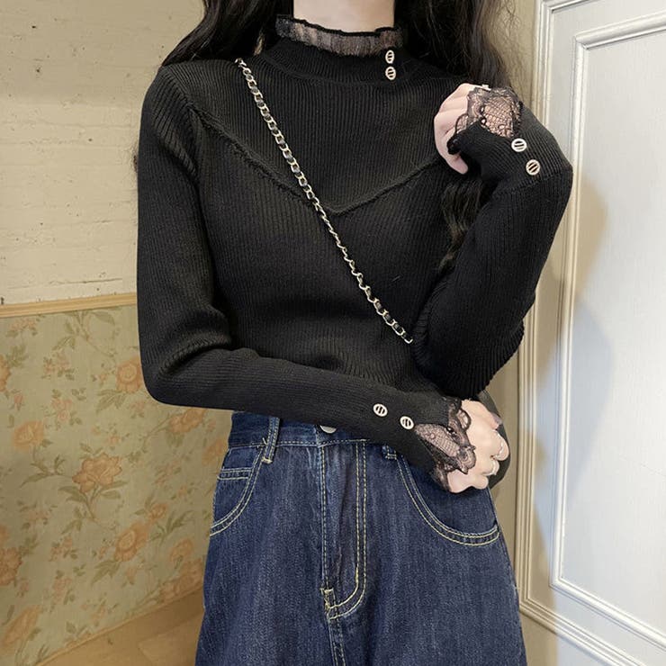 ブラック | ニットトップス ハイネック きれいめ | Miniministore
