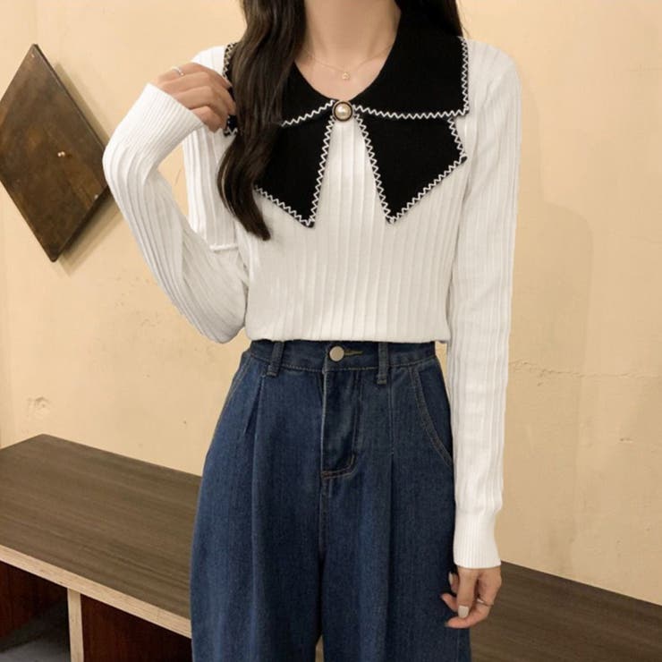 ホワイト | ニットトップス 襟付きニット 長袖 | Miniministore