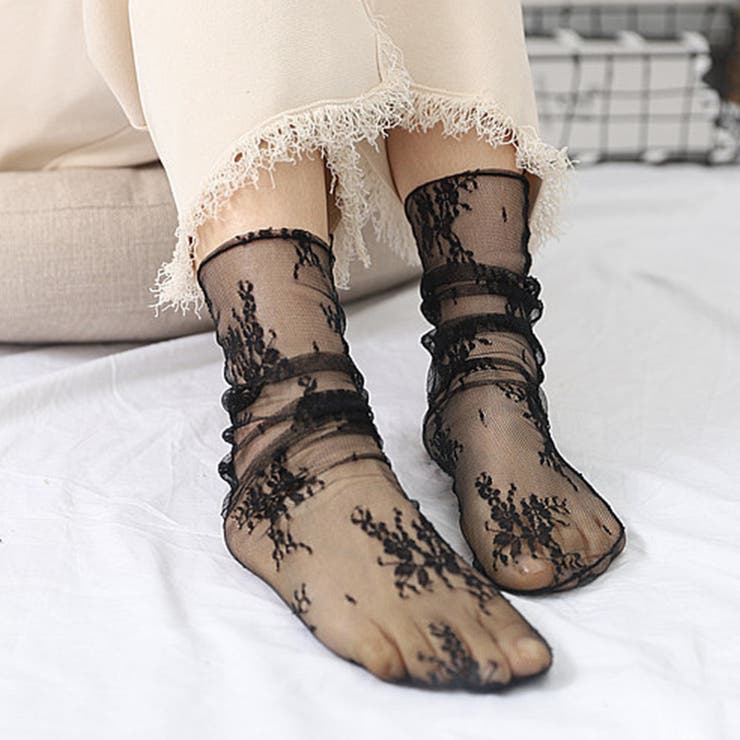 ブラック | 総レース クルーソックス フラワー花柄 | Miniministore