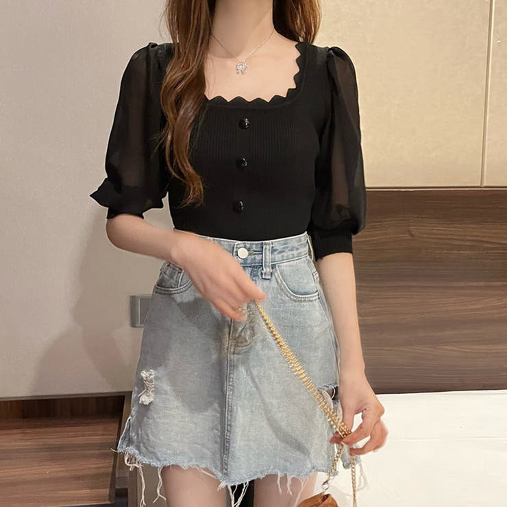 ブラック | ニットブラウス 異素材切り替え 韓国風 オフィスカジュアル | Miniministore