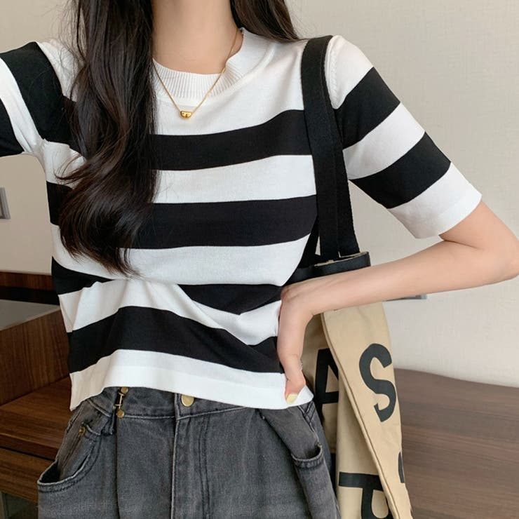 ルーズ サマーニット トップス ボーダー 半袖 夏 韓国 hr9897 A05813EW02565_1_l.jpg
