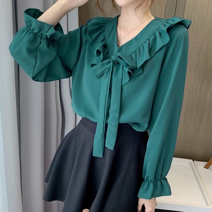 フリル襟 ボウタイブラウス 大人通勤OL オフィスカジュアル[品番